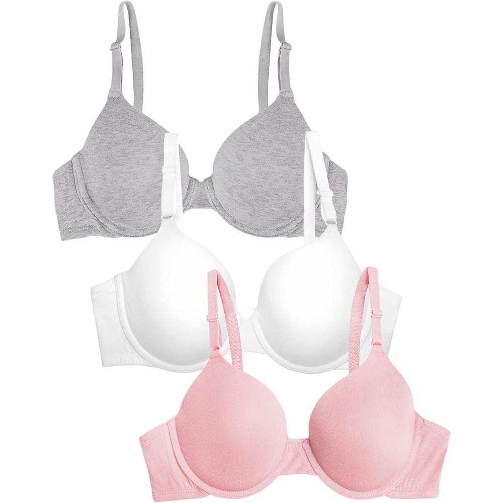 imageFruit of the Loom Womens Smooth Cotton TShirt Bra Pack  UltraSoft Flexible and Invisible Under TeesBlushing RoseWhiteGrey Heather