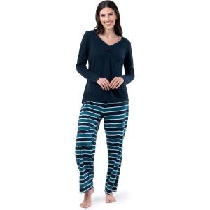 imageFruit of the Loom Womens Waffle VNeck Top and Flannel Pant Sleep SetMidnight BlueBlue Sea Stripe