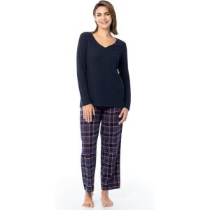 imageFruit of the Loom Womens Waffle VNeck Top and Flannel Pant Sleep SetNavyHoliday Plaid