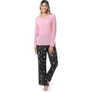 imageFruit of the Loom Womens Waffle VNeck Top and Flannel Pant Sleep SetSoft PinkCosmic Sky