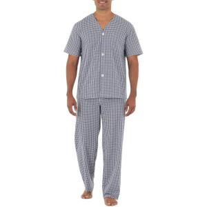 imageFruit of the Loom Mens Broadcloth Short Sleeve Top and Long Pants Pajama SetNavyWhite Check