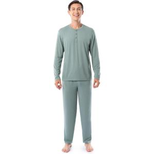 imageFruit of the Loom Mens 360 Stretch Long Sleeve Henley Top and Pant Sleep Pajama SetGreen