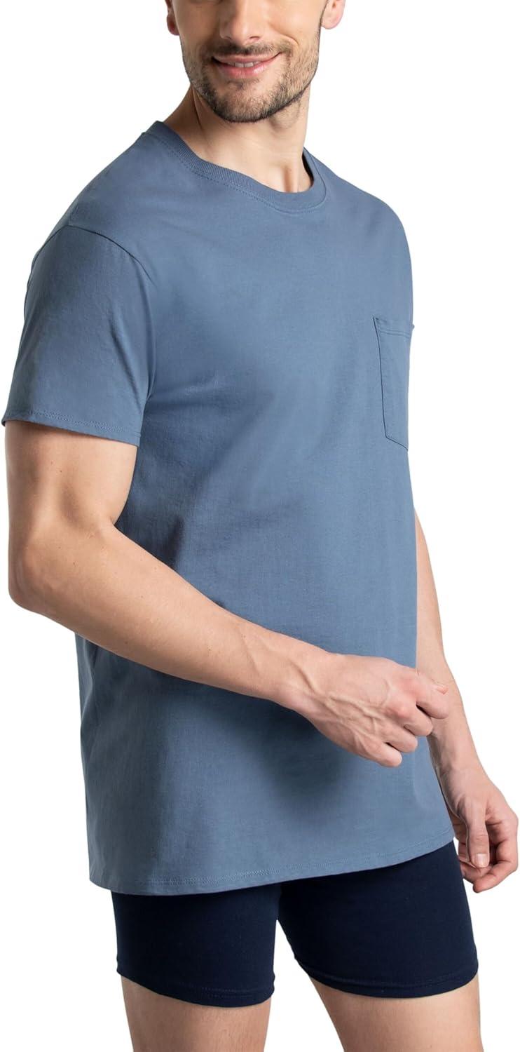 imageFruit of the Loom Mens Tee Undershirts Moisture Wicking ampamp Tag Free Short Sleeve Pocket TShirtsAssorted Blues  6 Pack  Pocket