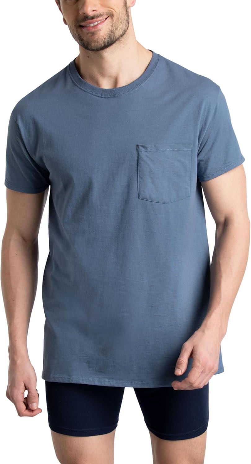 imageFruit of the Loom Mens Tee Undershirts Moisture Wicking ampamp Tag Free Short Sleeve Pocket TShirtsAssorted Blues  6 Pack  Pocket