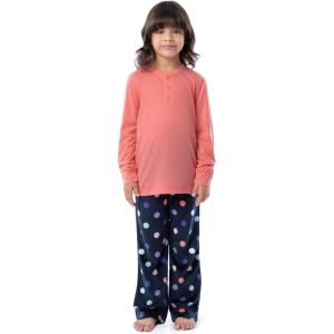 imageFruit of the Loom Girls Long Sleeve Jersey Henley Top and Fleece Pant Sleep Pajama SetCoralNavy Dots