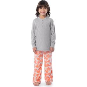 imageFruit of the Loom Girls Long Sleeve Jersey Henley Top and Fleece Pant Sleep Pajama SetGrey HeatherRose Hearts