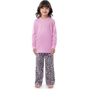 imageFruit of the Loom Girls Long Sleeve Jersey Henley Top and Fleece Pant Sleep Pajama SetPinkCheetah