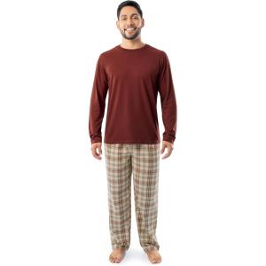 imageFruit of the Loom Mens Jersey Knit Top and Flannel Pant Pajama Sleep SetRedKhaki Plaid
