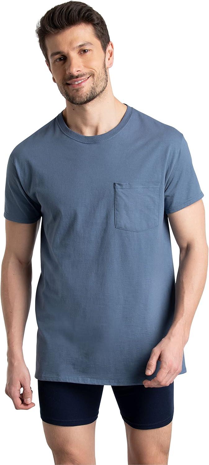 imageFruit of The Loom Mens Pocket Tee Undershirts Moisture Wicking amp Tag Free Short Sleeve Pocket TShirtsAssorted Blues  6 Pack  Pocket
