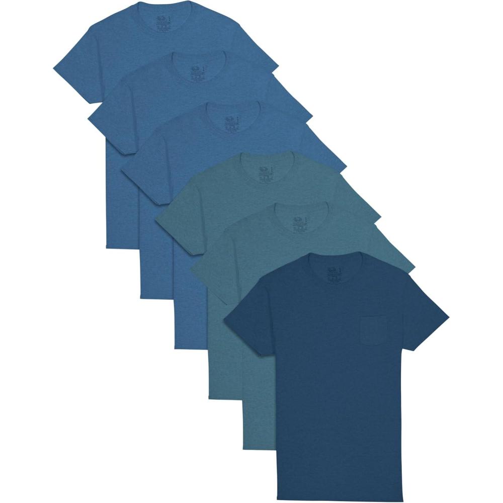 imageFruit of The Loom Mens Pocket Tee Undershirts Moisture Wicking amp Tag Free Short Sleeve Pocket TShirtsAssorted Blues  6 Pack  Pocket